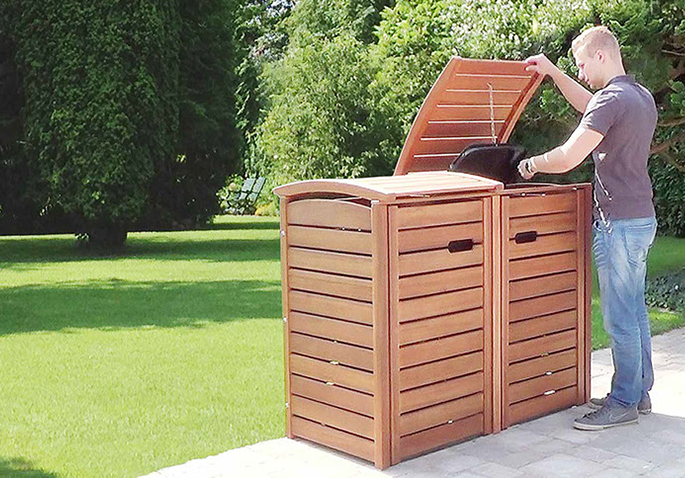 2 x 120 Liter Müllbox Holz - Edelstahl Zubehör - Tischlerqualität - FSC Hartholz Ausführung geölt