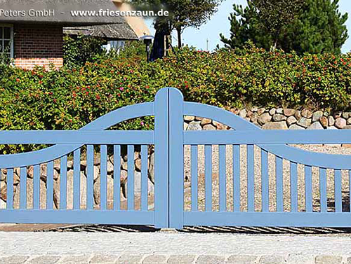 Orignal Sylter Gartentor - Blaues Friesentor Luxus - 2 Flügel Holztor aus ODUM-IROKO Hartholz