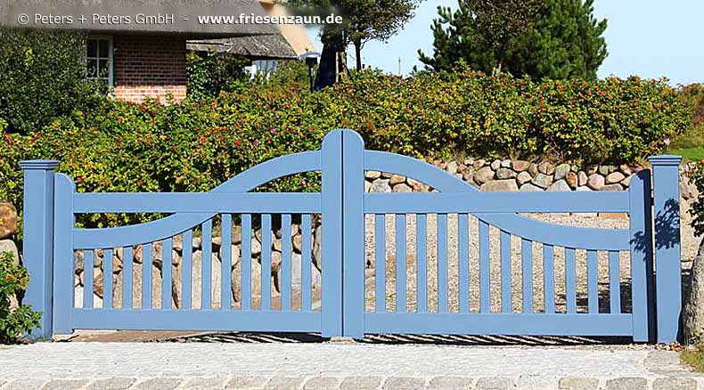 Orignal Sylter Gartentor - Blaues Friesentor Luxus - 2 Flügel Holztor aus ODUM-IROKO Hartholz