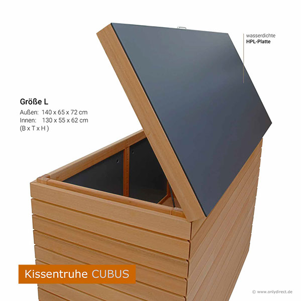 Jede Kissentruhe ist mit 2 Stück Gasdruckfeder pro Deckel ausgestattet. Optional kann die Kissentruhe mit einer Zusatz-Schublade bestellt werden