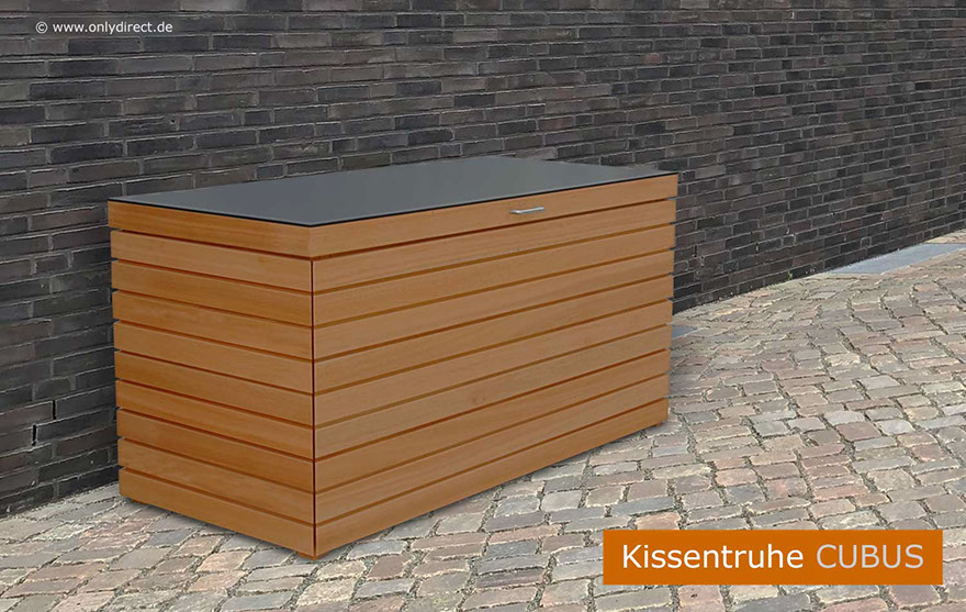 Moderne Kissentruhe CUBUS - astfreies FSC Eukalpthus Hartholz - extra stabile Ausführung - 2 Stück Gasdruckfedern je Deckel.