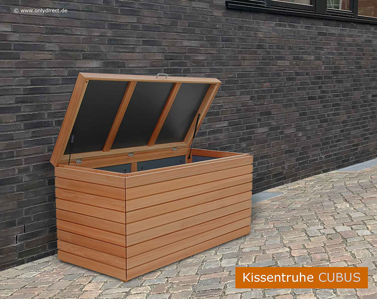 Moderne Kissentruhe CUBUS - astfreies FSC Eukalpthus Hartholz - extra stabile Ausführung - 2 Stück Gasdruckfedern je Deckel.