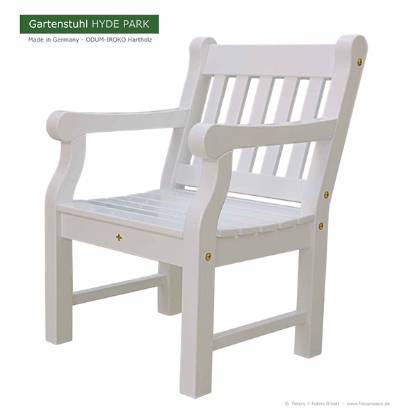 Englische Gartenbänke HYDE PARK aus ODUM-IROKO Hartholz - Weiße Holzgartenbänke Made in Germany