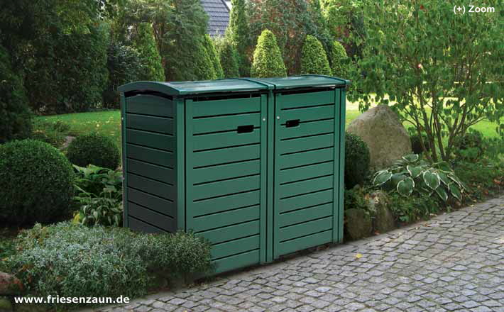 Premium-Mülltonnenbox CLASSIC - Eukalyptus Hartholz (FSC) mit Edelstahlbeschlägen - für 120 oder 240 Liter Mülltonnen - von Peters und Peters